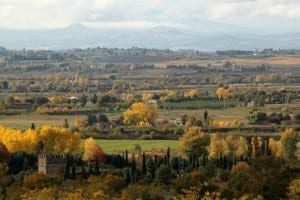 View across Val di Chiana to Monte Amiata hidden by clouds
